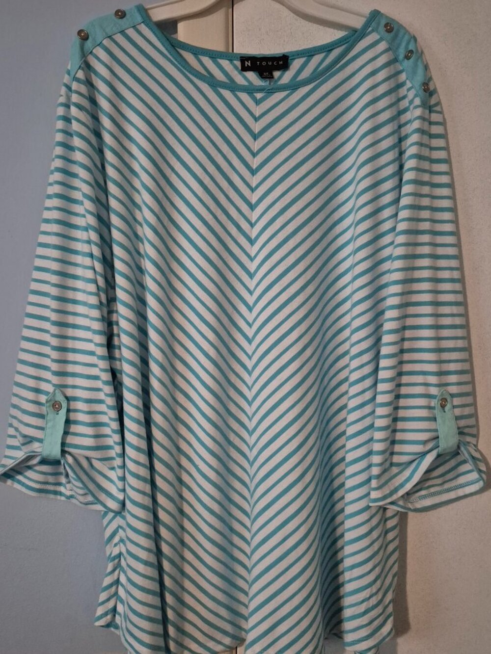 N Touch 3/4 Sleeve Pullover Top Turquoise White Chevron Stripes Women's Plus 3X